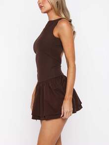 Women Boat Neck Ruffle Hem Layered Mini Dress Solid Slim Fit Sleeveless Backless Tiered A-Line Short Dress - 咖啡 - 查看 4