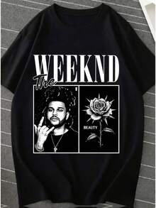 Camiseta deportiva casual para mujer con diseño gráfico del cantante Weeknd - Camiseta negra elástica de cuello redondo, lavable aáquina, de ajuste cómodo para todas las estaciones. Prenda de ocio con temática musical y tejido opaco. - Negro - Ver 6