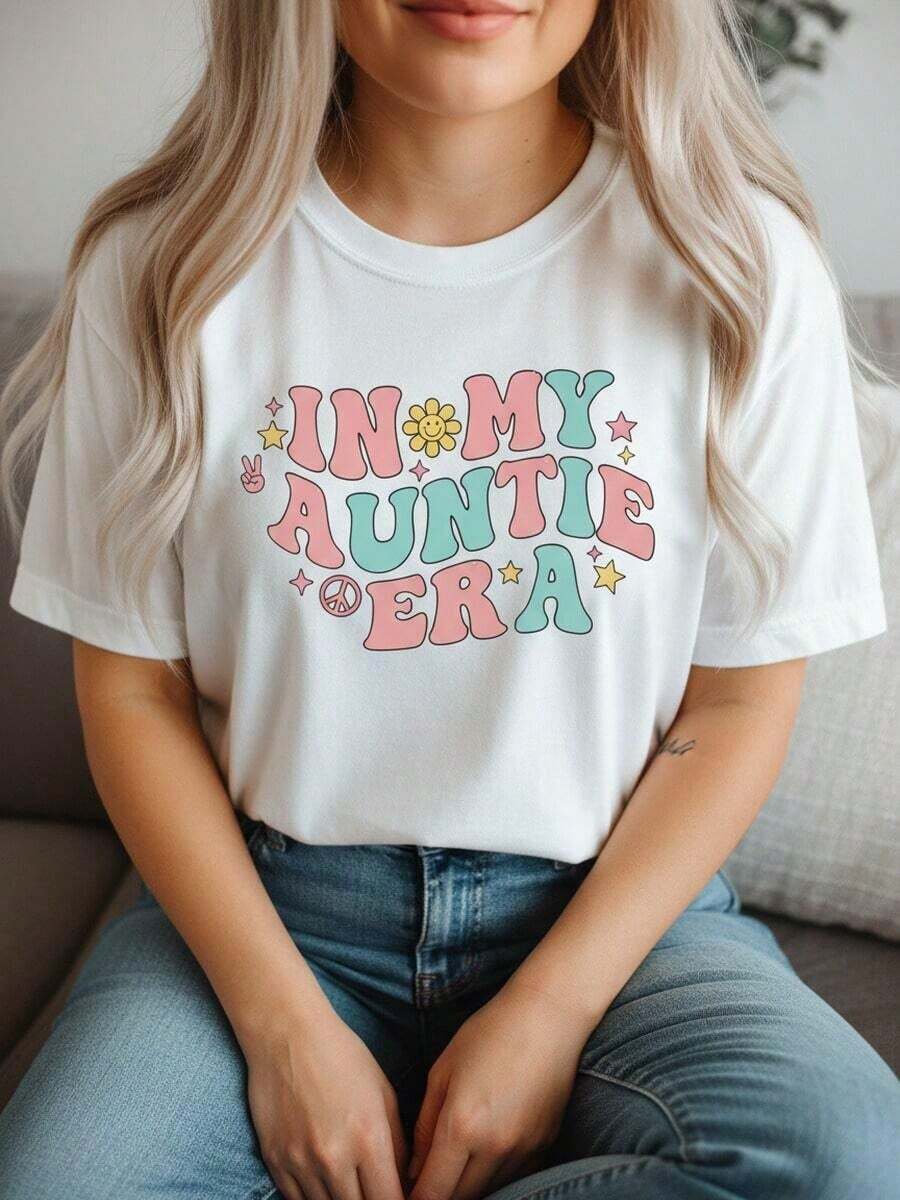Camiseta de manga corta "In My Auntie Era" 100% algodón, cuello redondo, estilo retro, con fuente ondulada, camiseta gráfica, regalo genial para tía, para hermana, regalo para anunciar la llegada de una nueva tía, top estético de estilo vintage, ropa familiar divertida, suave, transpirable, informal, moda de verano-1Leisure - Blanco 6 - Ver 1
