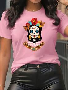 Versatile Women's T-Shirt With A Day Of The Dead Catrina Print, Short Sleeves And Round Neck, In Red, With Colorful Catrina Skulls, Flowers, Butterflies And Traditional Patterns, Perfect For Casual Wear And Cultural Celebrations. - 杏色 - 查看 11