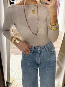 Women's Backless Tops Stylish Solid Boat Neck Long Sleeve Blouse For All Seasons - Khaki - View 1