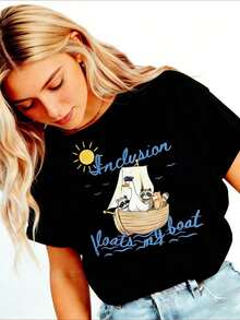 Silly Goose Inclusion T-Shirt, Nautical T-Shirt For Neurodivergent People, Funny Occupational Therapy T-Shirt, BCBA T-Shirt, ABA T-Shirt For Special Education Teachers, Thick Cotton Short Sleeve Graphic Print T-Shirt, Casual Short Sleeve Top For Women, Short Sleeve Sports T-Shirts, Blouses For Women - 黑色 - 查看 5