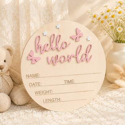 1pc Newborn Photography Prop "Hello World" Baby Birth Announcement Board, Wooden Baby Name Sign, Baby Keepsake, Baby Shower Easter Gift, Unisex