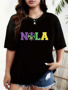 1 pieza (Camiseta), 1 pieza (Camiseta), - - Camiseta, Carnaval de Nueva Orleans, Estampado gráfico de letras a la moda con temática de carnaval, Camiseta estampada de manga corta con cuello redondo para mujer - Lavable a máquina, Adecuada para fiestas festivas, salidas casuales - Camiseta unisex de algodón holgada de manga corta y cuello redondo estilo vintage urbano - Negro - Ver 8