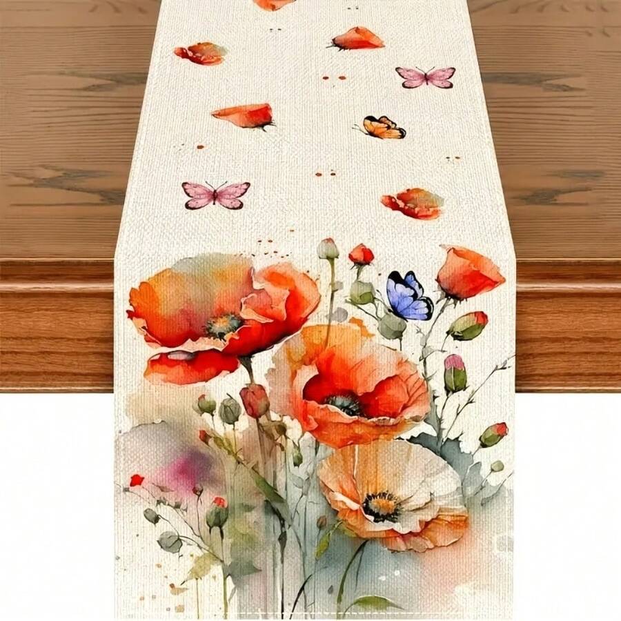 1 Polyester Fashion Watercolor Flower & Leaf Table Runner - Red, Orange, Pink, Green Plant Patterns, Suitable For Weddings, Kitchen, Dining Room, Coffee Table, Holiday & Party Decorations - Summer Seasonal Table Sizes 13X48/13X72 - Nhiều màu - Xem 1