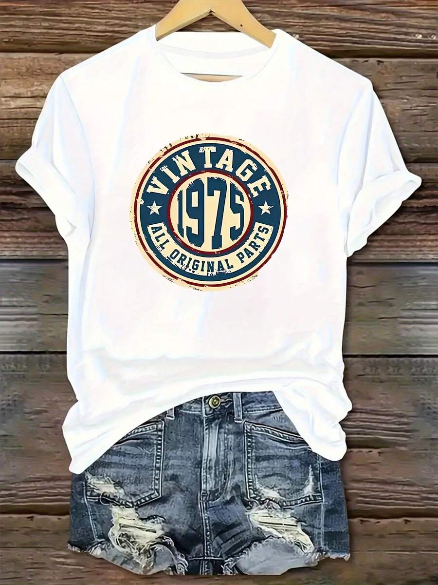 Women's European And American Style Crew Neck T-Shirt A And Y2K For All Seasons, With Vintage 1975 Print And Short Sleeves. This Versatile Crew Neck Design Makes A Great Gift For Holidays And Birthdays. Y2k T-Shirt. - 白色 - 查看 1