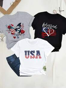 US Independence Day Flag Print T-Shirt, 1 Piece Set, Casual Short Sleeve Crew Neck T-Shirt For Spring/Summer, Women's Clothing. - 白色 - 查看 7