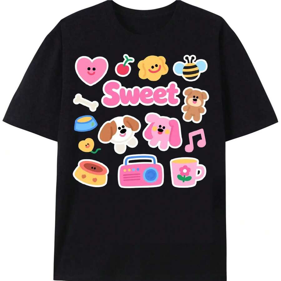 Graphic T-Shirt fclothes Men "Sweet" - Soft, Breathable clothes clothes, Shclothest-Sleeve Casual Pet Print clothes, Perfect fclothes Pet Lovers, Playful Daily Wear, Comfclothest Fit - Negro - Ver 1