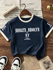 男童復古哥德風 Brooklyn New York 字母印花圓領滾邊 T-shirt，對比滾邊短袖休閒寬鬆夏季日常款 - 藏蓝色 - 查看 2