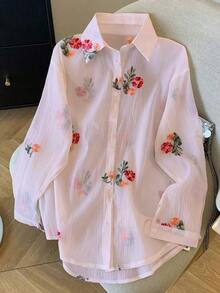 Conjunto de camisa de manga larga de hombros caídos y pantalones cortos de gasa holgada y regular - Rosa - Ver 4