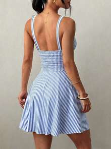 Vestido corto de punto sexy y elegante con escote en V, cintura fruncida y tirantes finos para mujer - Azul 2 - Ver 2
