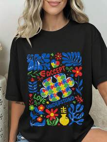 Camiseta de moda femenina de verano de manga corta camiseta de moda casual al aire libre 'letras y rompecabezas' camisa casual femenina con estampado relajado - Negro - Ver 1
