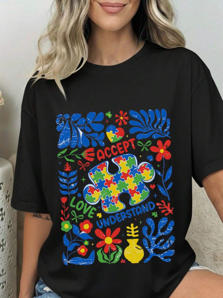 Camiseta de moda femenina de verano de manga corta camiseta de moda casual al aire libre 'letras y rompecabezas' camisa casual femenina con estampado relajado - Negro - Ver 1