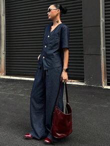 Conjunto de 2 piezas de mujer con cuello en V de mezclilla, para primavera/verano - Azul marino - Ver 6