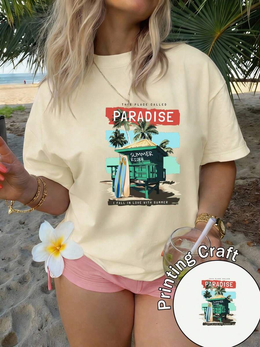 Women's Short-Sleeved T-Shirt, 100% Polyester, Round Neck, Tropical Print Of Hawaiian Hut And Surfboard, Casual Style, Machine Washable, Summer 2026, Ideal For Travel And Everyday Wear - 杏色 - 查看 1