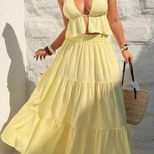 SunnyBelle 2pcs Solid Color Sexy Minimalist Vacation Style Halter Neck Loose Long Skirt Set, Elegant Beach Skirt Set Butter Yellow Two Piece Set Vacation Outfits Woman Skirt Set Maxi Skirt Two Piece Set Summer Skirt And Top Set - Amarillo - Ver 7