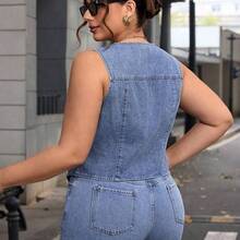 Plus Size Sleeveless Denim Jacket, Simple And Fashionable For Casual Daily Wear - Verde - Ver 3