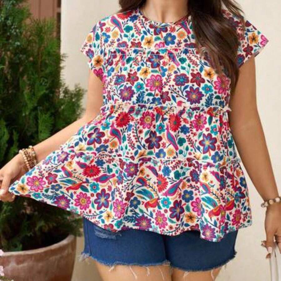 Freevana Plus Size Women's Vintage Peasant Casual Style | Blue And White Plaid Round Neck Sleeveless Tiered Ruffle Trim Babydoll Top - Sweet Loose Pullover Blouse - Multicolor - Ver 1