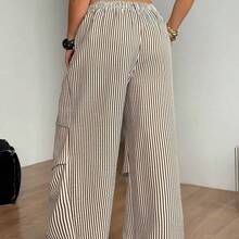 Women's Plus Size Summer Going Out Outfit Casual Streetwear Mid Rise Wide Leg Elastic Waistband  Letter Graphic Drawstring Waist Pocket Striped Pleated Pants Oversized Inclusive Sizing Pant - Azul y blanco - Ver 9