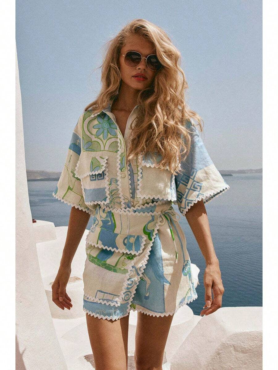 Abstract Print Shirt & Wrap Skirt Set With Scallop Trim, Casual Vacation Wear - 花色 - 查看 1