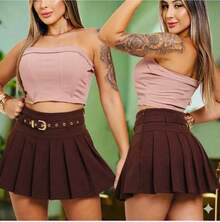 Women's Tailored Pleated Short Skirt With Belt, Schoolgirl Style, Summer, Simple, Party, Sexy Fabric, With Belt, Sizes P To G, Beach, Home, Street, Timeless - 鏽棕色 - 查看 2