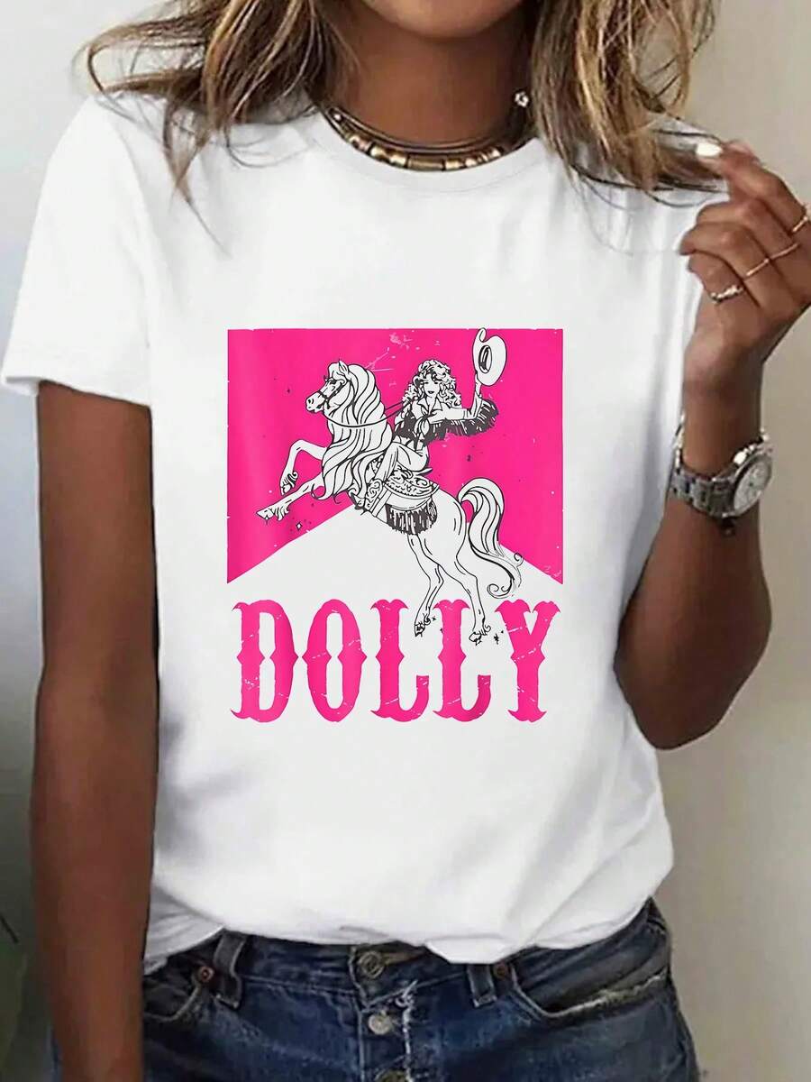 Oversized Women's Short Sleeve Crew Neck T-Shirt, One Piece, 100% Casual, With DOLLY Print, Made Of Lightweight 100g Knit Fabric, Machine Washable, Comfortable For All Seasons, Suitable For Outdoor Activities And As A Nice Holiday Gift. - 白色 - 查看 1
