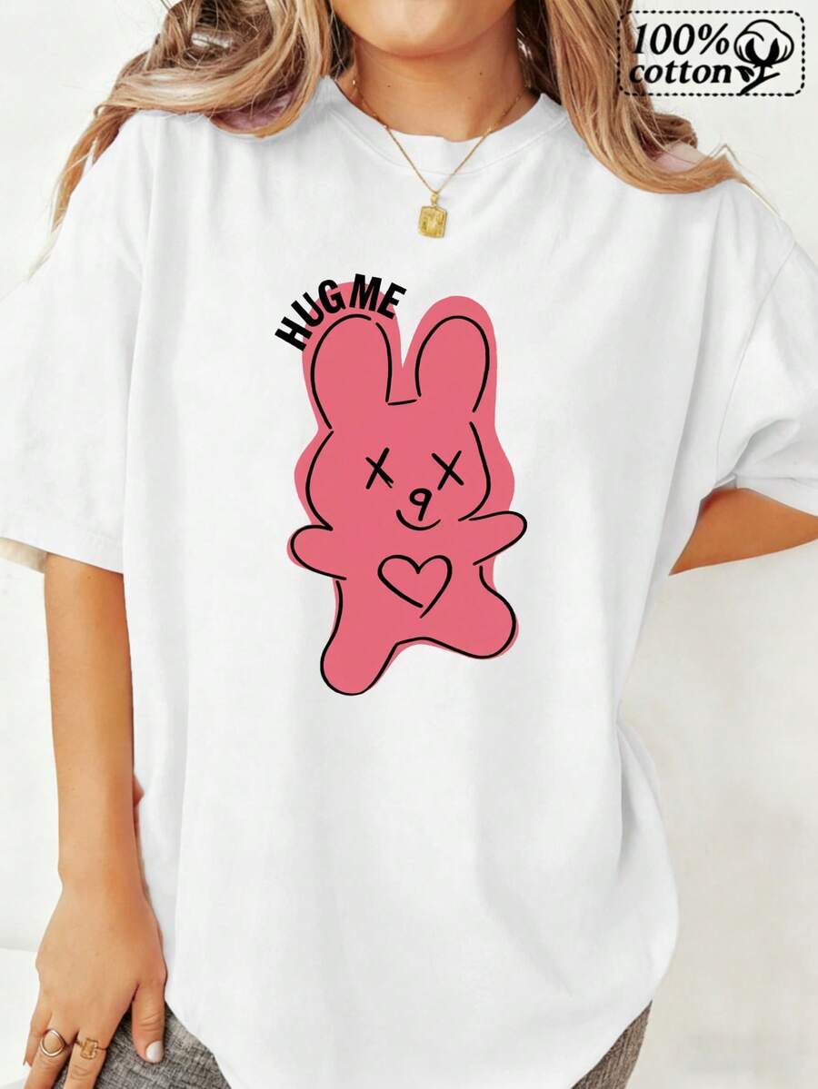 Women's Fashionable White T-Shirt With Cute Pink Bunny Print On Front And Hugging Text - Comfortable Casual Wear For Daily Outings And Leisure - 白色 - 查看 1