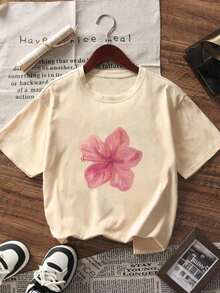 camiseta de mujer de cuello redondo con estampado floral, de moda casual, suave y versátil para primavera/verano, color rosaPure Cotton Short-Sleeve Shirt - Albaricoque - Ver 5