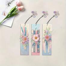3件套DIY钻石画书签 - 花卉图案，多色马赛克装饰 - 查看 2