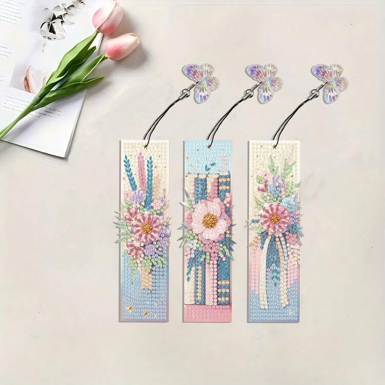 3pcs/Set DIY Diamond Painting Bookmarks - Floral Design, Multicolor Mosaic Decor - View 2