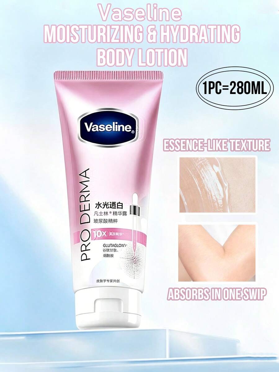 Vaseline Brightening Essence Body Lotion 280ml: Mencerahkan dan meratakan warna kulit, mengurangi kekusamian, dan memiliki tekstur essence ringan yang cepat menyerap, melembapkan secara mendalam. Cocok untuk semua jenis kulit.