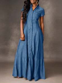 Women's Long Dress With Button Front, Flared Skirt, Collared Short Sleeves, Made Of Denim Effect Fabric, Elegant Casual Travel Outfit, Fitted Silhouette, Solid Color Elegant Woven Buttoned Long Dress, Suitable For Daily, Office, Wedding, Travel, Spring & Autumn - Navy Blue - View 1