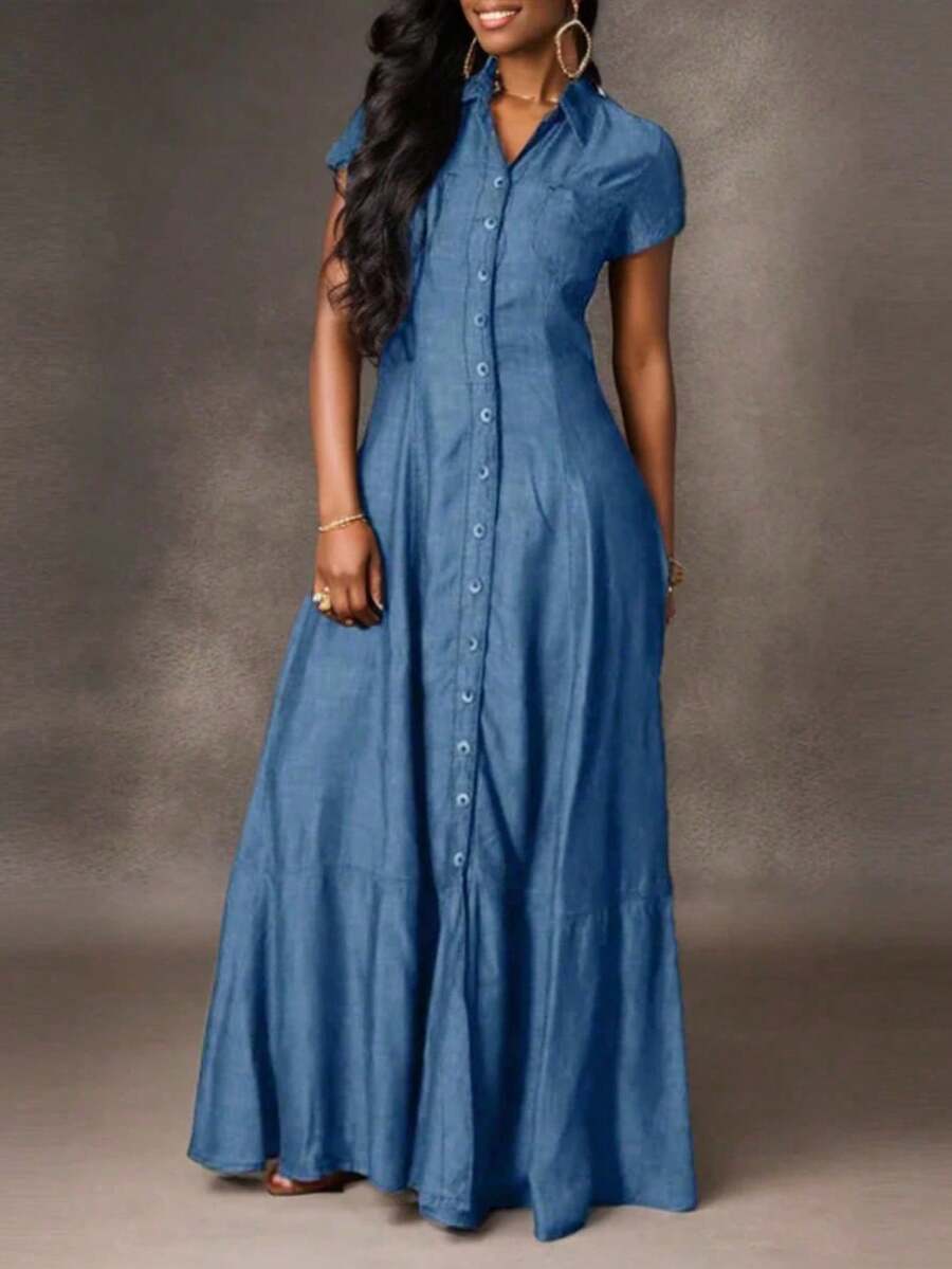 Women's Long Dress With Button Front, Flared Skirt, Collared Short Sleeves, Made Of Denim Effect Fabric, Elegant Casual Travel Outfit, Fitted Silhouette, Solid Color Elegant Woven Buttoned Long Dress, Suitable For Daily, Office, Wedding, Travel, Spring & Autumn - Navy Blue - View 1