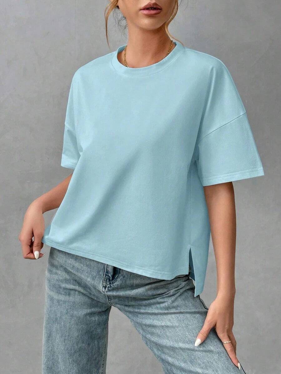 Camiseta holgada de estilo minimalista casual para mujer, con parte delantera corta y parte trasera larga, versátil para usar en la calle, adecuada para primavera y verano - Azul 2 - Ver 1