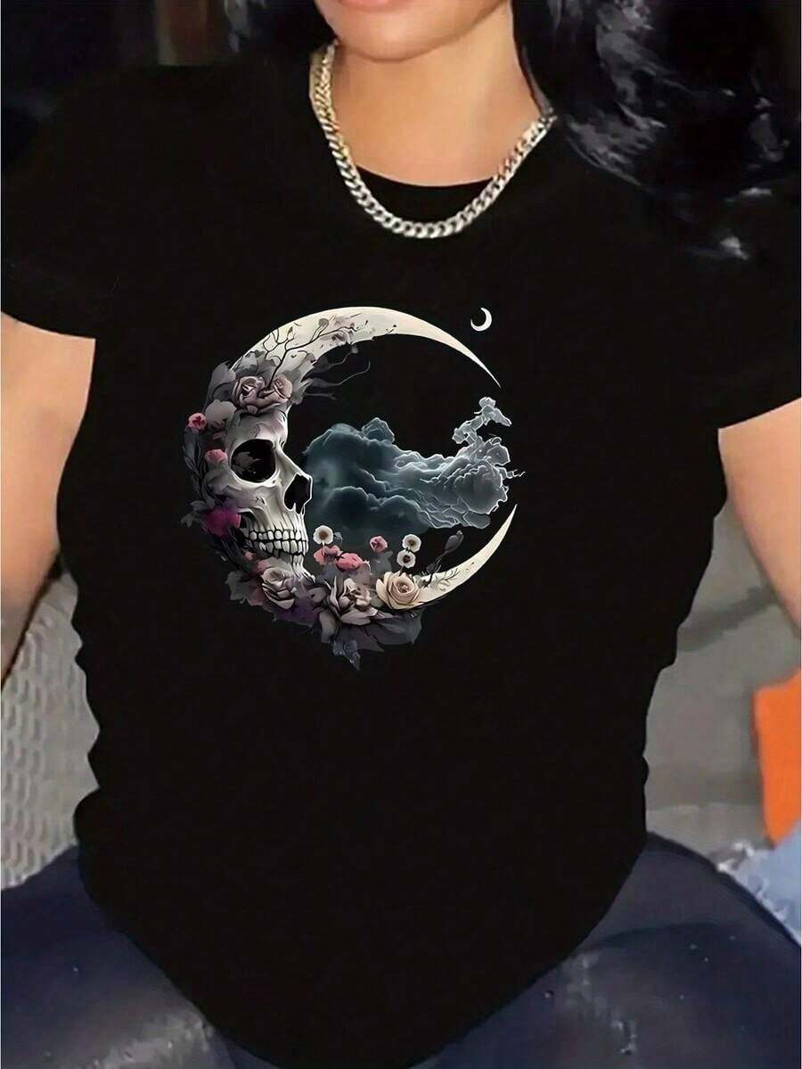 1 camiseta de mujer con estampado de calaveras y luna en estilo gótico nocturno, suave y transpirable, de manga corta, perfecta para uso diario, actividades al aire libre, viajes y estilo casual, ¡con un ajuste cómodo para todo el día! 180g 100% algodón, los diseños están completamente impresos. Unisexo. - Negro - Ver 1