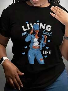 1 Piece Of Women's Graphic T-Shirt "Living My Best Life", Casual Summer Style, Round Neck, Short Sleeve, With Blue Hearts And Denim Design, Machine Washable, Loose Fit, Smart Casual Wear, 180g, 100% Cotton, Designs Are Printed. Unisex. - 黑色 - 查看 12