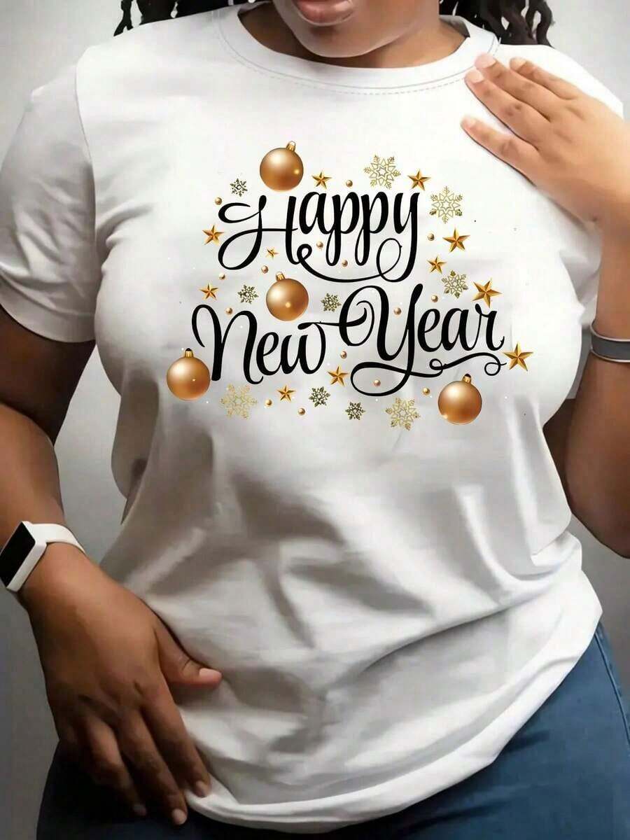 Gift1 pieza disponible! !Edición especial "Feliz Año Nuevo", camiseta de mujer con cuello redondo y estampado, un imprescindible para regalar, de calidad para obsequio, adecuada para todas las tallas y tonos de piel, almacén local, 100% algodón puro, tela suave.Soft - Blanco - Ver 1