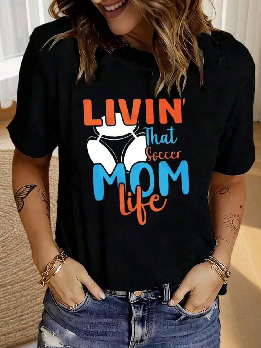 Women's Short-Sleeved T-Shirt With Round Neck, Casual Style, Black, With "Soccer Mom Life" Print, Urban Style Clothing For Spring And Summer, Fun And Cheerful, Cool And Fun T-Shirt, Preferred Gift For Festivals. Comfortable, Versatile Short-Sleeved Top. - 黑色 - 查看 1