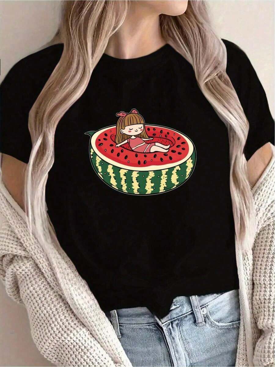 | 1 Women's 100% Breathable Cotton T-Shirt | Bright Yellow Watermelon Graphic Tee For Women - Casual Short Sleeve Crew Neck, Machine Washable, Perfect For Spring/Summer Vacation And Outdoor Fun - Ideal For Summer - Vintage Street Style Unisex Cotton Short Sleeve Crew Neck T-Shirt - 黑色 - 查看 1