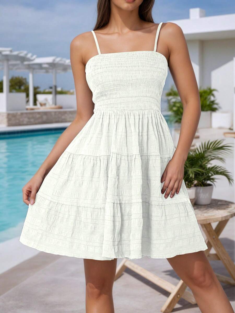 Teen Girl Solid Color Casual Adjustable Strap Dress (YY823) - Beige - View 1