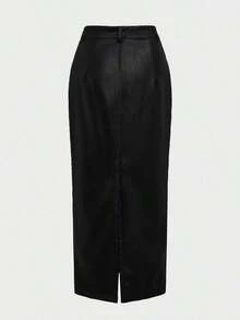 Falda lápiz midi de cintura alta, elegante, de cuero vintage, para uso diario y de negocios, de corte ajustado, color negro, para primavera - Negro - Ver 6