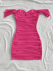 Vestido mini ajustado de punto rojo con hombros descubiertos para mujer, diseño con espalda calada, adecuado para vacaciones, citas, té de la tarde, temporada de bodas, playa, crucero, vacaciones en la ciudad, vacaciones bohemias, festivales de - Rosa Fucsia - Ver 2
