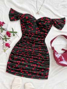 Vestido mini ajustado de punto rojo con hombros descubiertos para mujer, diseño con espalda calada, adecuado para vacaciones, citas, té de la tarde, temporada de bodas, playa, crucero, vacaciones en la ciudad, vacaciones bohemias, festivales de - Multicolor 2 - Ver 4