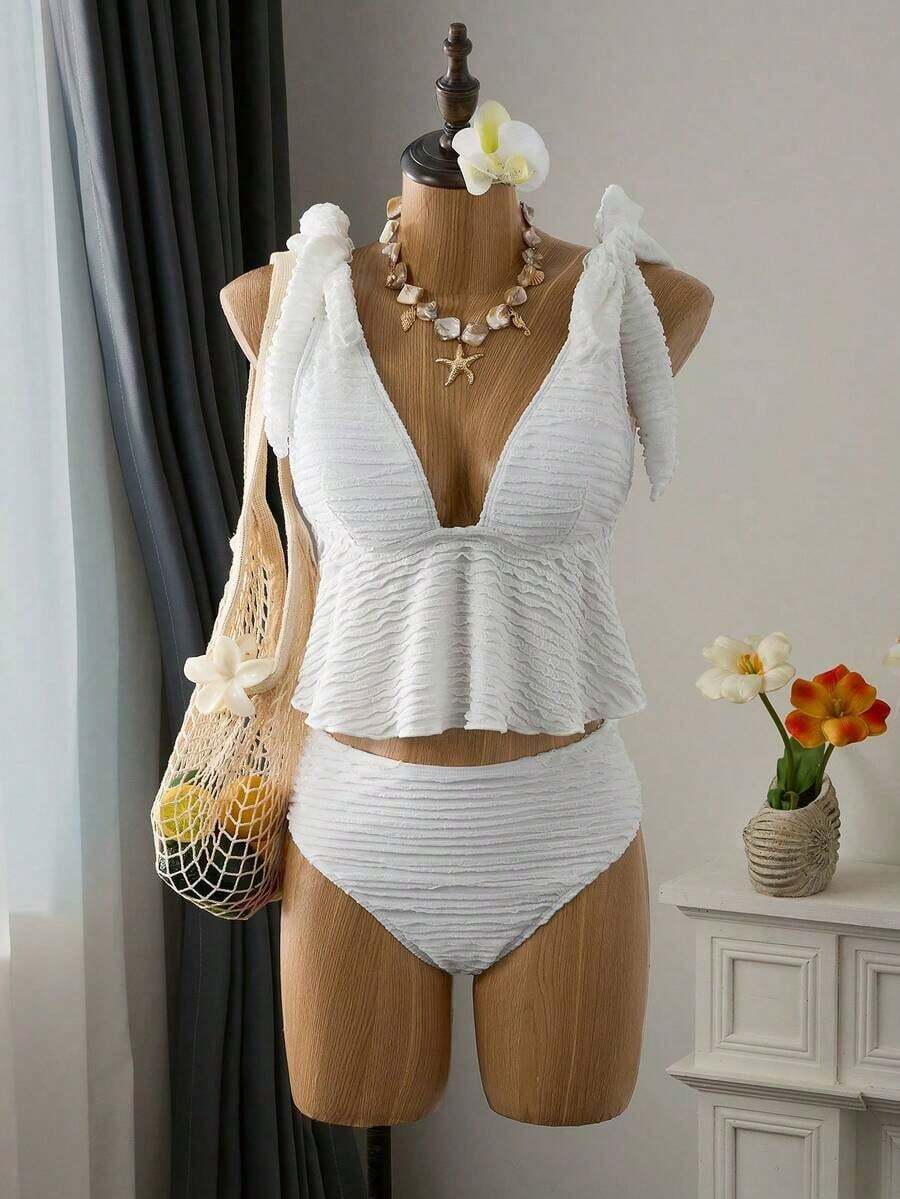 Mod Conjunto de traje de baño de 2 piezas para mujer con top corta de tirantes finos con estampado de cuadros y nudo delantero, y Bottom tipo bikini con cordón en la cintura, para verano - Blanco - Ver 1