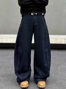 Men's Retro Loose Wide Leg Jeans, Pioneering Casual Hip-Hop Street Style, Fashion Relaxed Fit All/Global/Universal - Navy Blue - View 1
