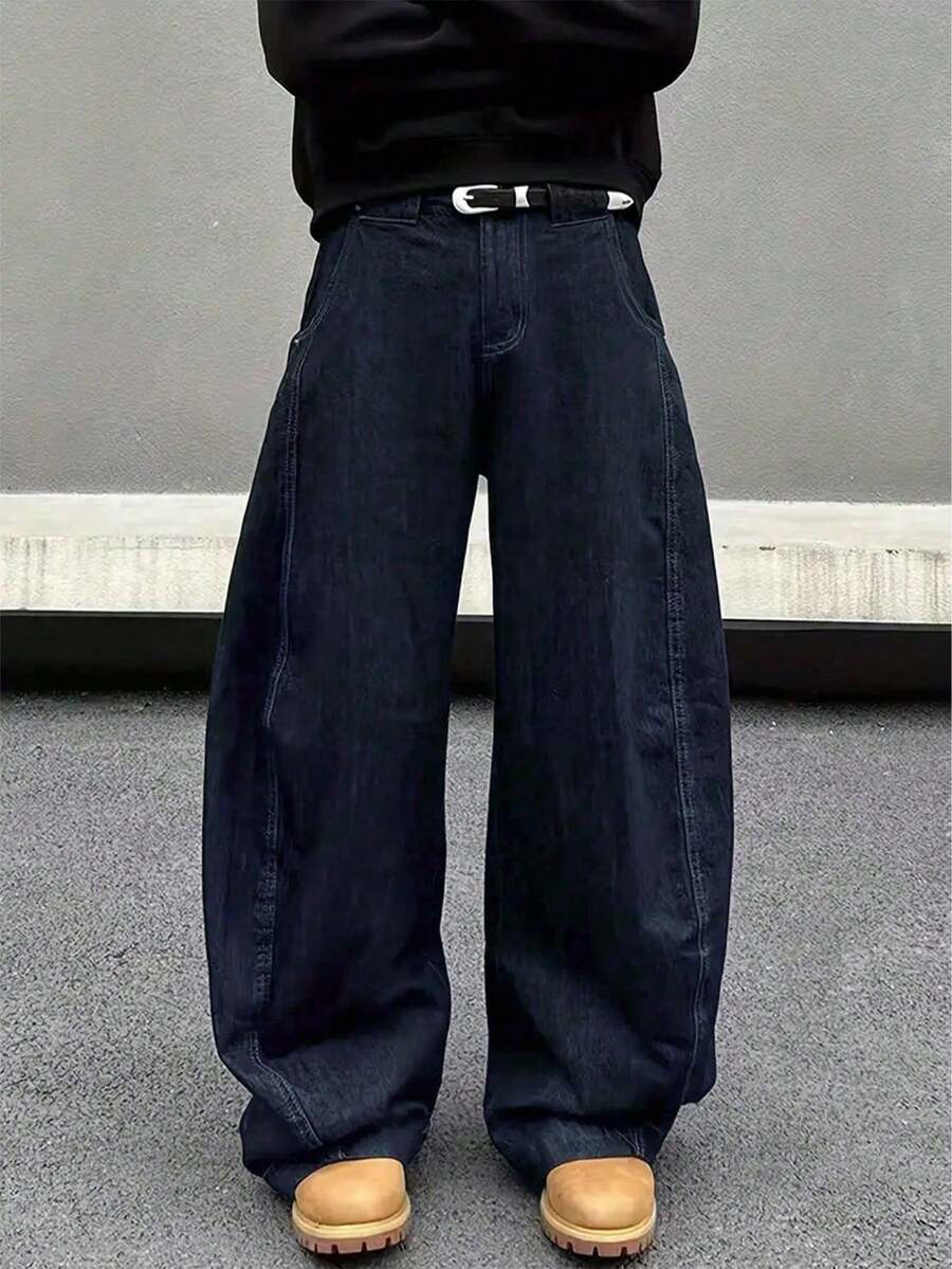 Men's Retro Loose Wide Leg Jeans, Pioneering Casual Hip-Hop Street Style, Fashion Relaxed Fit All/Global/Universal - Navy Blue - View 1