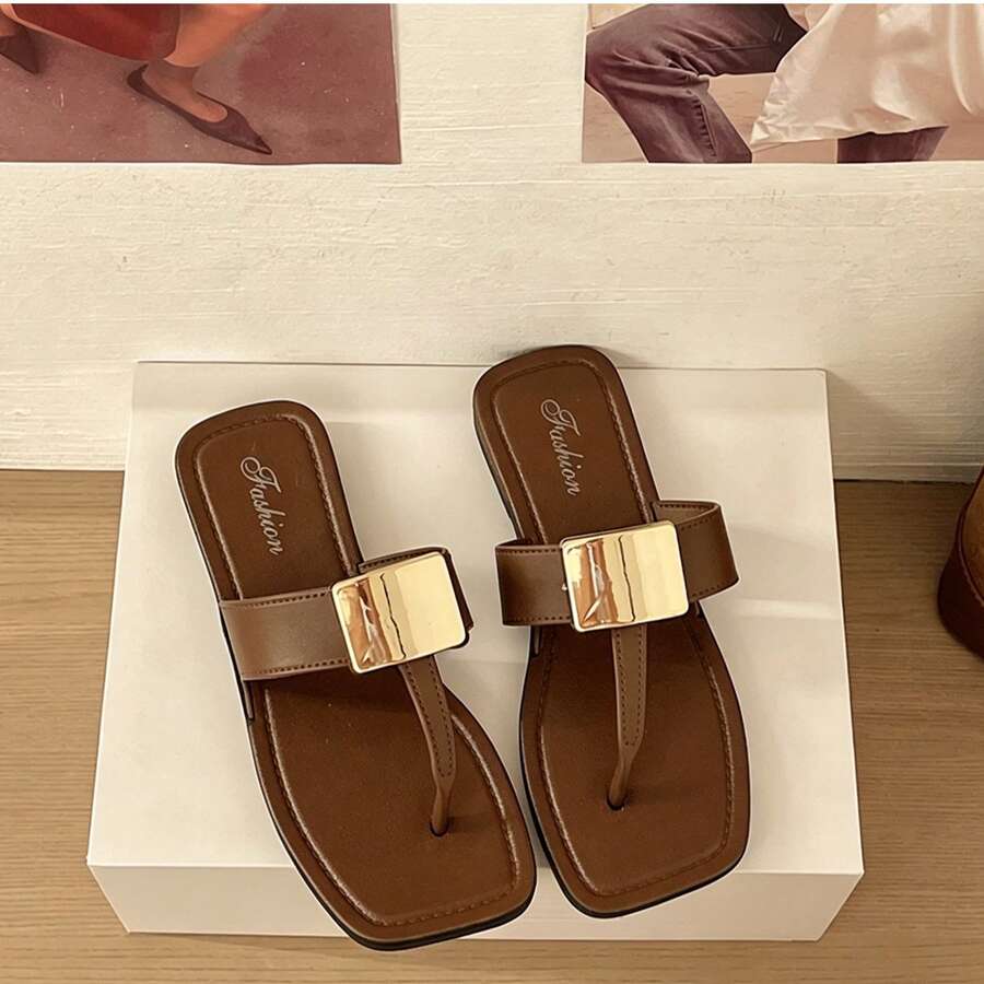 French Elegant Metal Square Buckle Flip Flops For Women, Flat Casual Commuting Holiday High-Quality Sandals For Summer - Brown - View 1