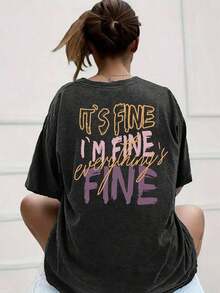 Women's Oversized Casual Letter Print T-Shirt - Short Sleeve Blouse With Round Neck And Loose Fit, Summer Casual Wear, Comfortable And Machine Washable - Unisex Urban Vintage Style, Cotton Short Sleeve T-Shirt With Round Neck And Loose Fit - 黑色 - 查看 1