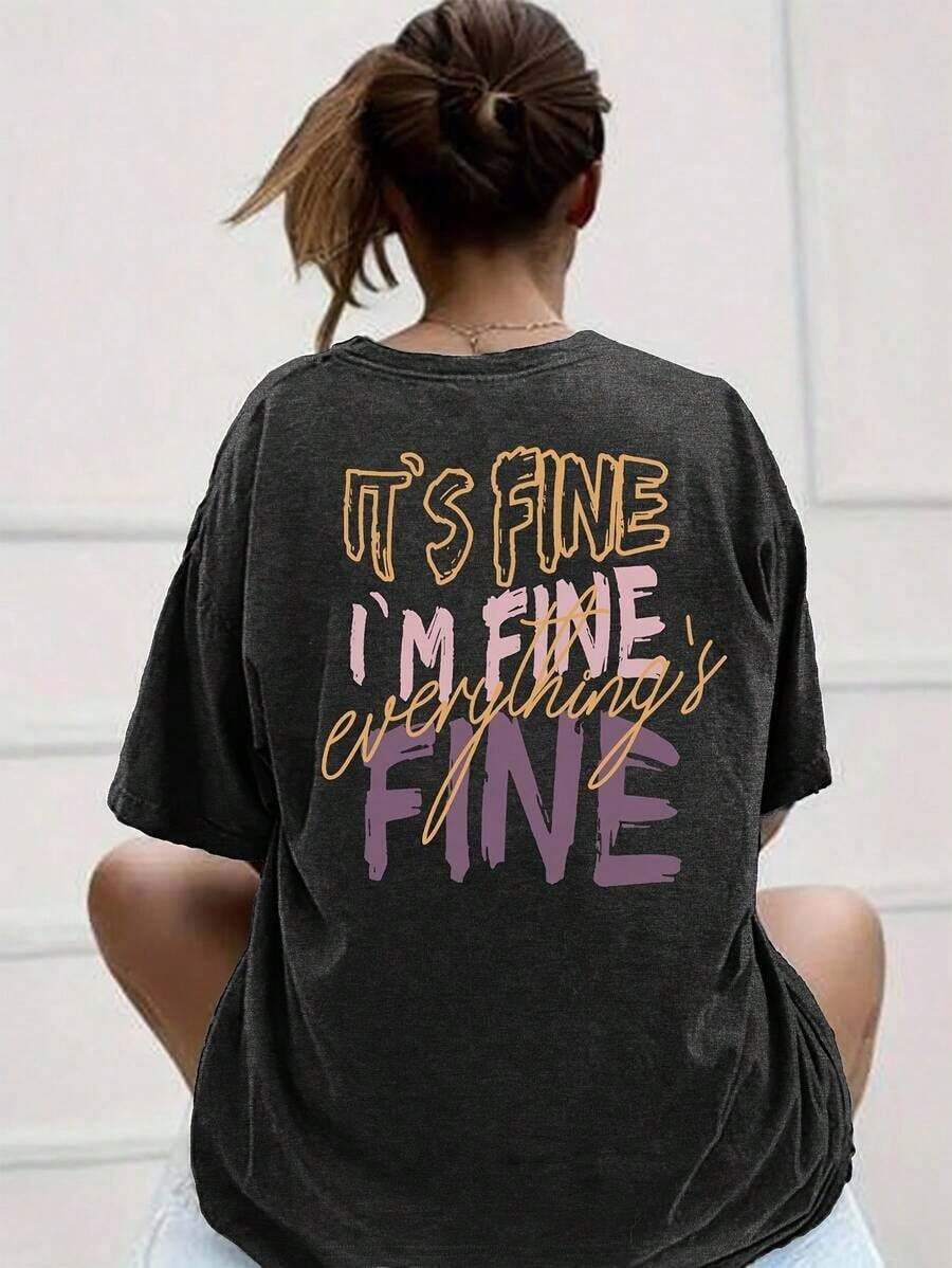 Women's Oversized Casual Letter Print T-Shirt - Short Sleeve Blouse With Round Neck And Loose Fit, Summer Casual Wear, Comfortable And Machine Washable - Unisex Urban Vintage Style, Cotton Short Sleeve T-Shirt With Round Neck And Loose Fit - 黑色 - 查看 1