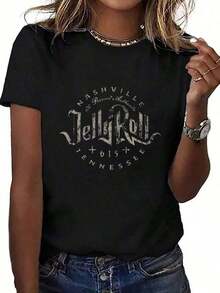 1 pieza de camiseta estampada Jelly Roll Nashville Tennessee, estampado casual, cómoda y versátil, con diseño de letras, 100% algodón de 180g. - Blanco - Ver 8